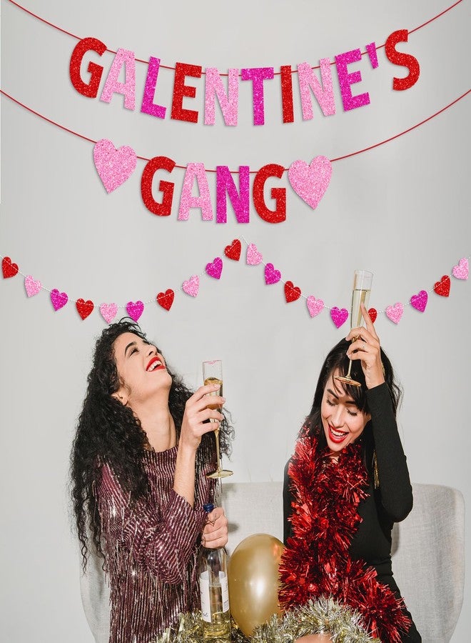 PTFNY Galentine’s Gang Banner Happy Galentine’s Day Banner Red Pink Glittery Heart Garland Valentines Day Party Decorations Girls Ladies Theme Valentines Day Party Decor Supplies - Image 3